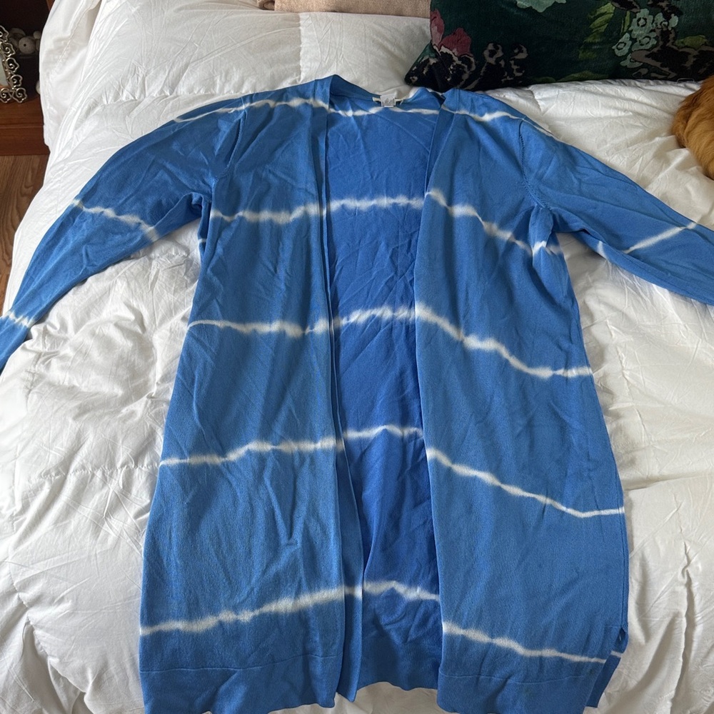 Chico's Blue and White 36” long cardigan -duster